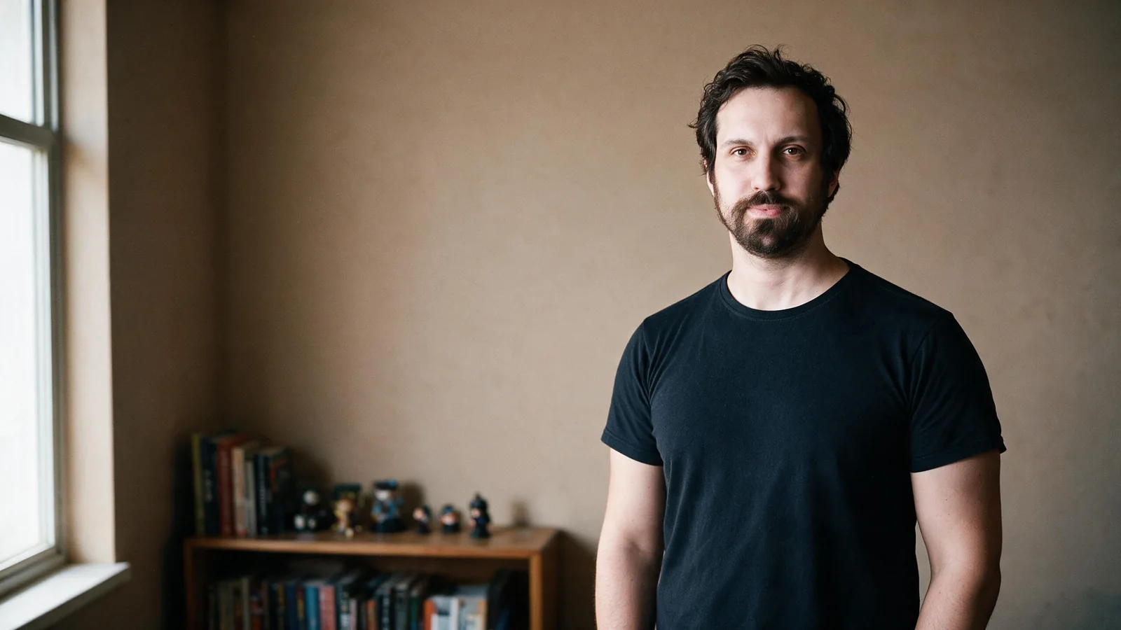 Felipe Fiori de pé em uma sala de trabalho, ao lado de uma estante com livros e objetos de cultura pop.